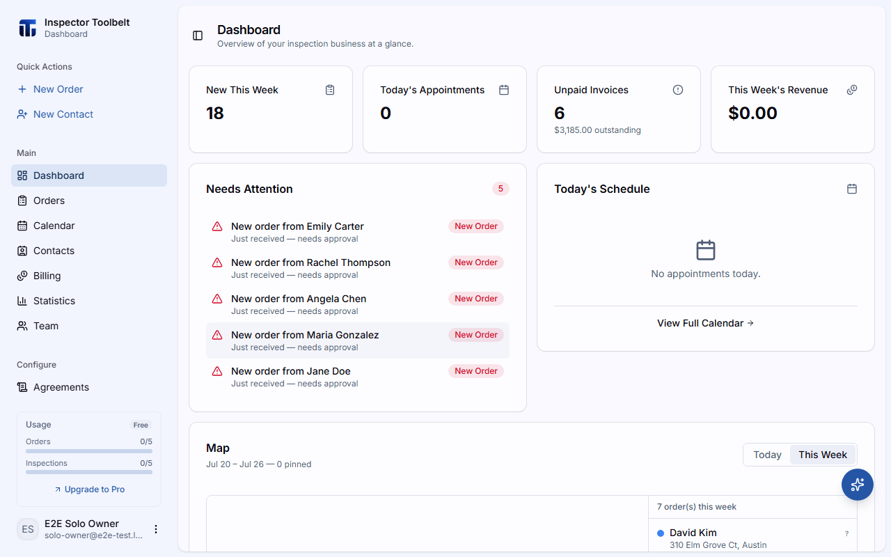 The dashboard home page showing KPI cards, Needs Attention, Today's Schedule, and the map
