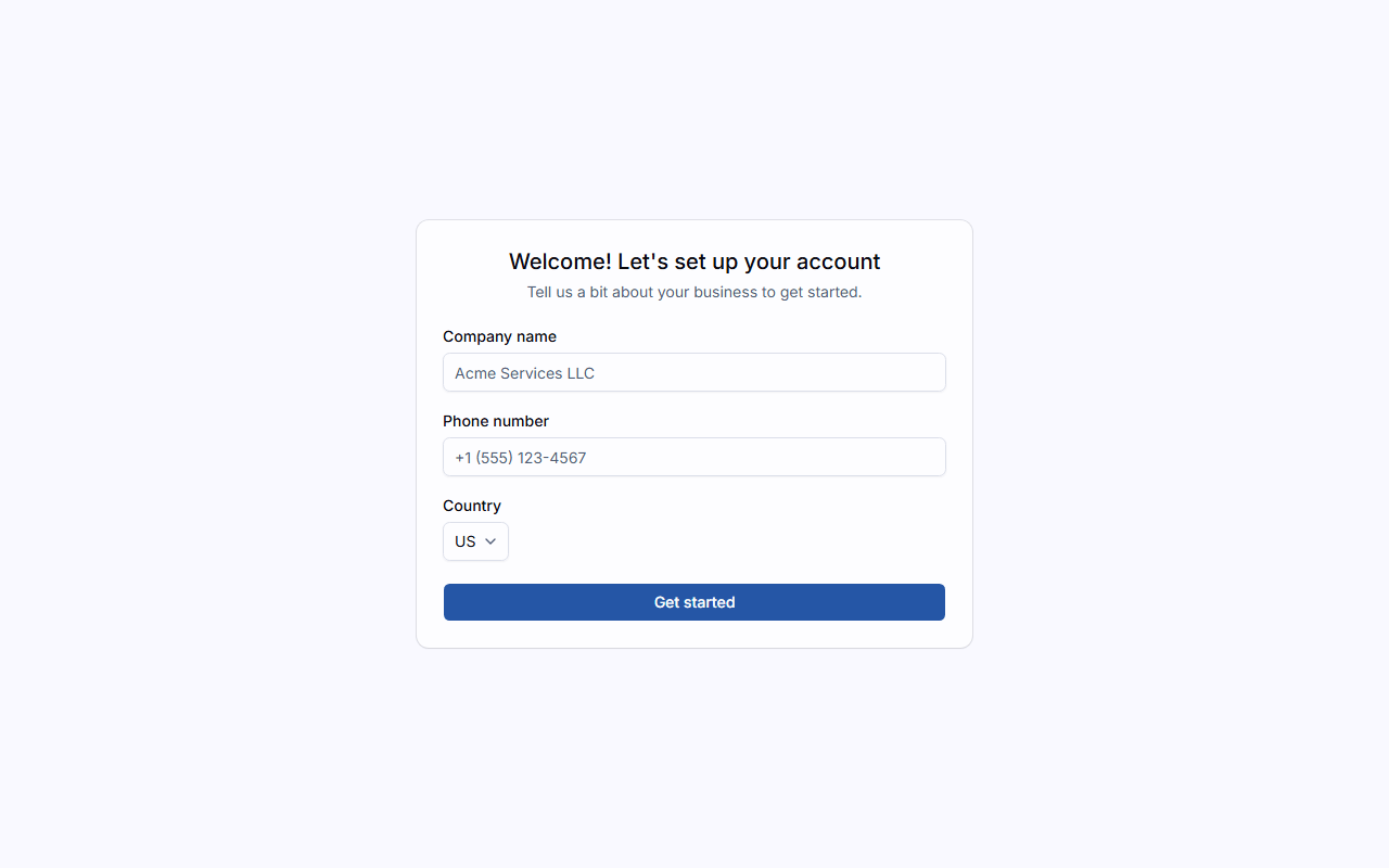 The onboarding form with company name, phone, country, and industry type fields