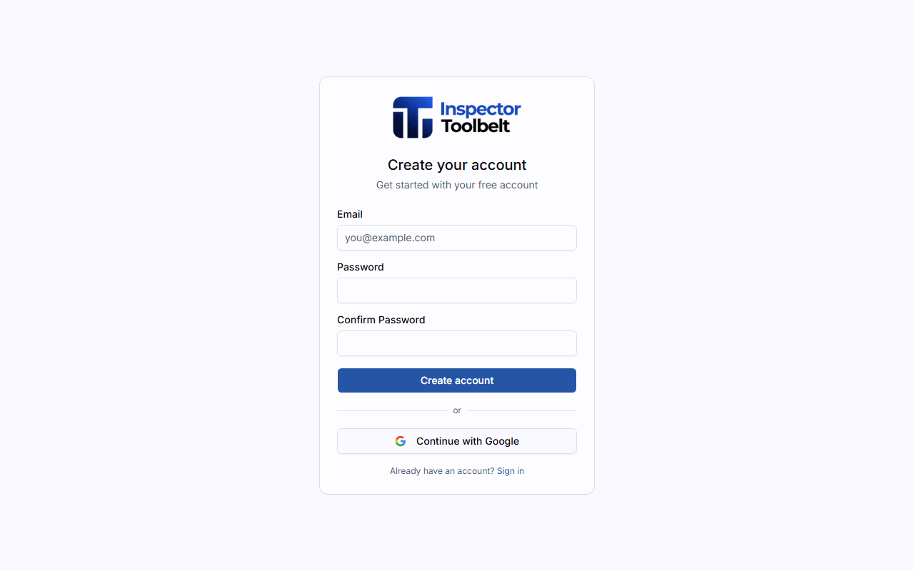 The sign-up page with email, password, and Google sign-in options