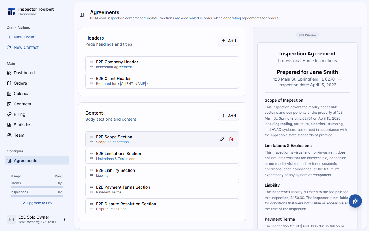 The agreement builder page with header, content, and footer section groups