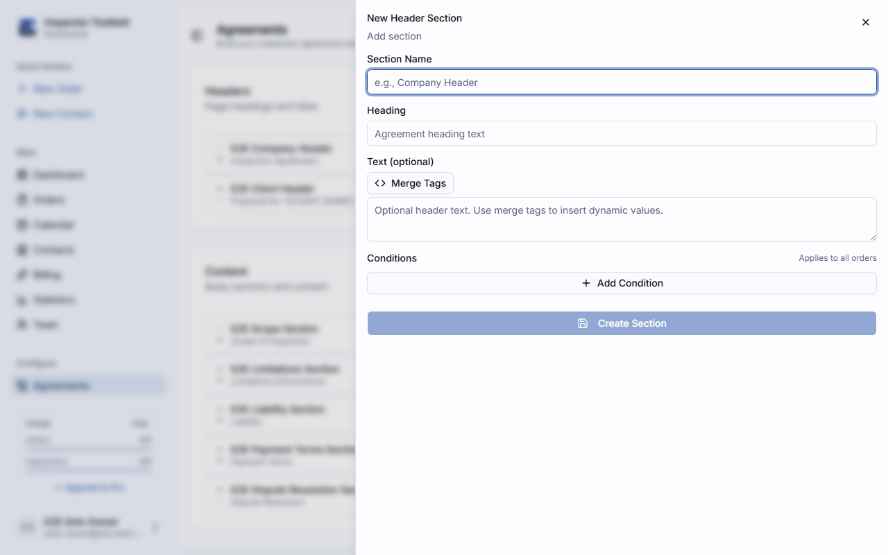 The section editor panel for adding an agreement section