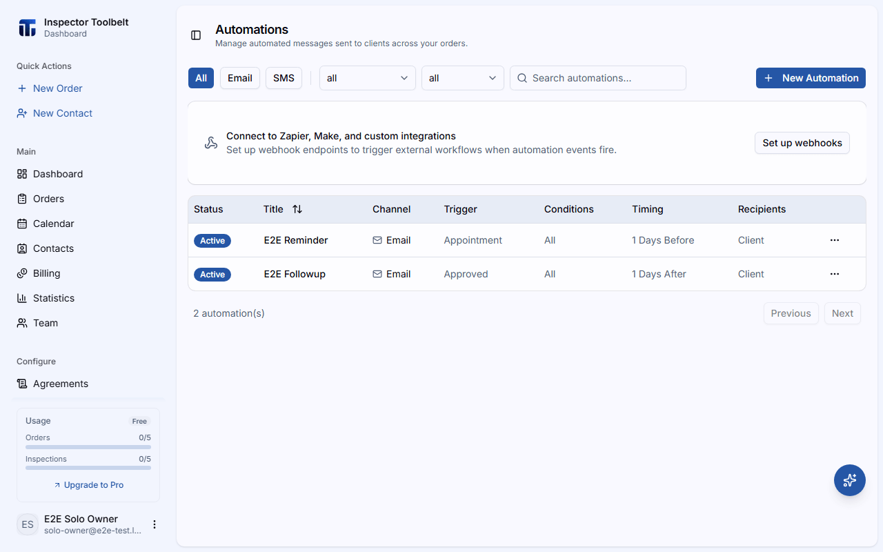 The automations list page showing configured automations