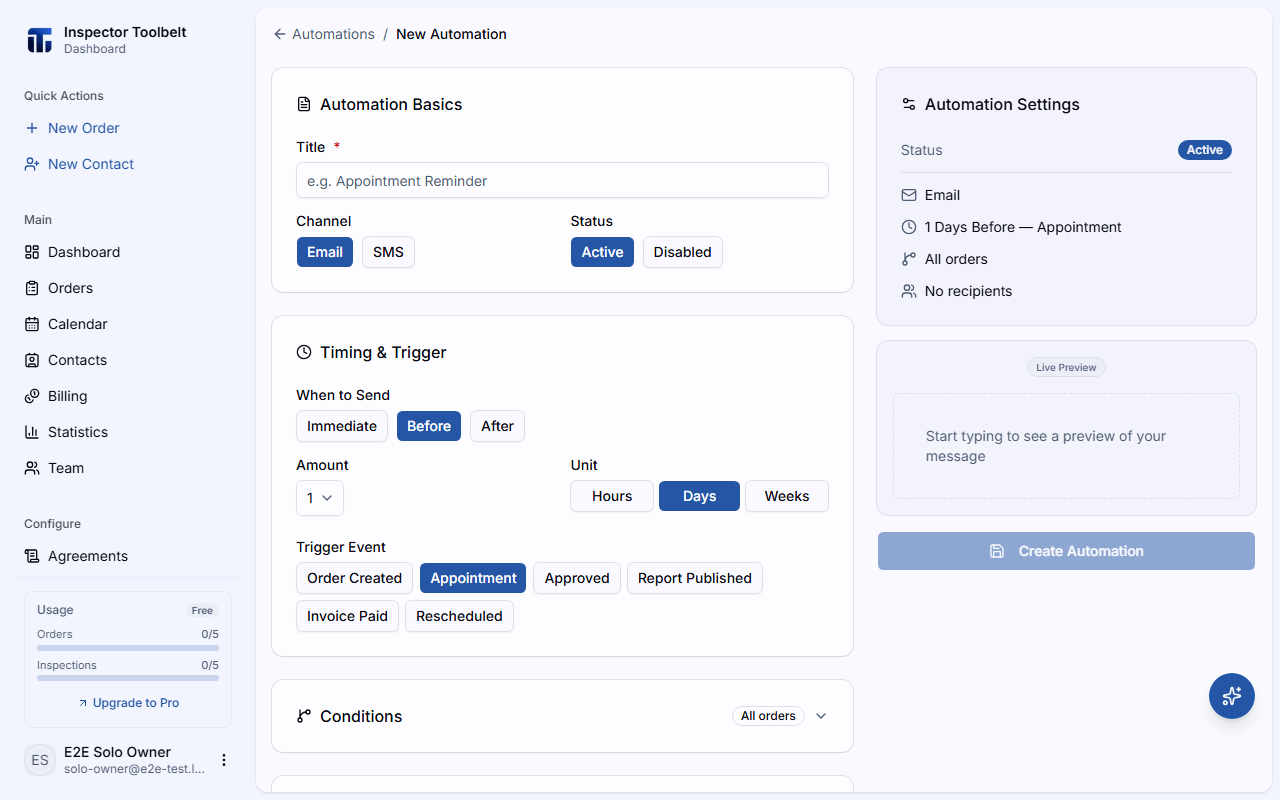 The new automation editor with trigger and timing settings
