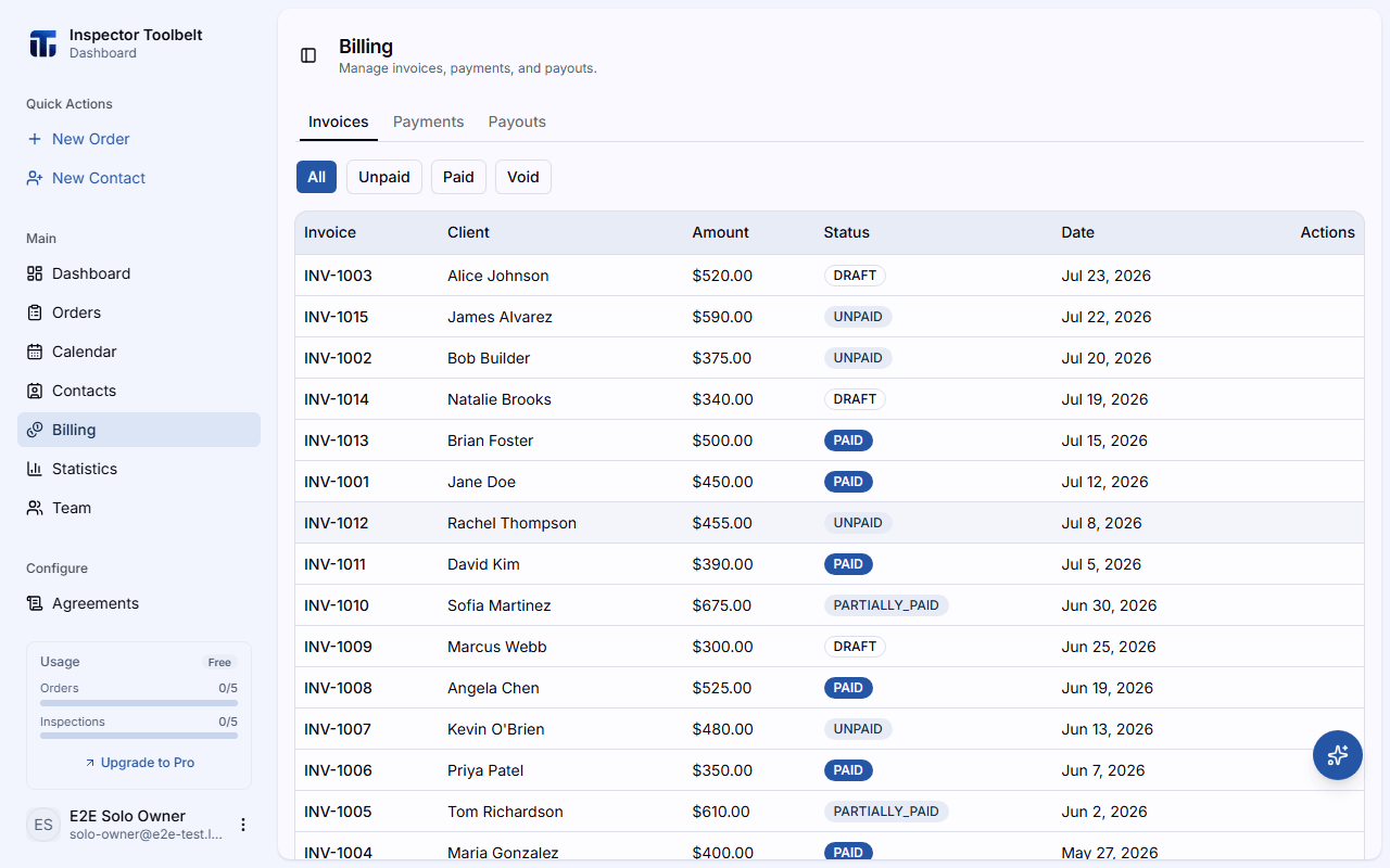 The Billing page showing the invoices list with their statuses