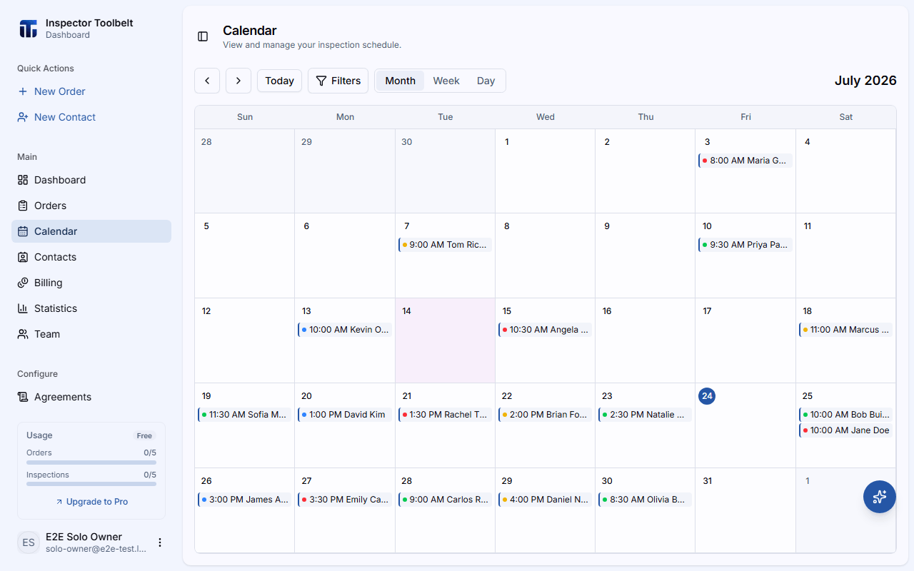 The calendar in month view showing scheduled orders
