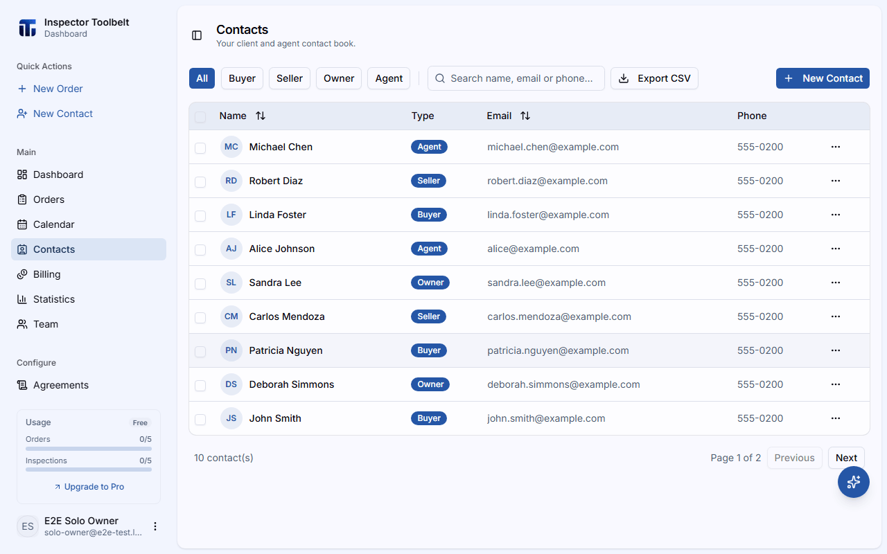The contacts list with search and filter controls