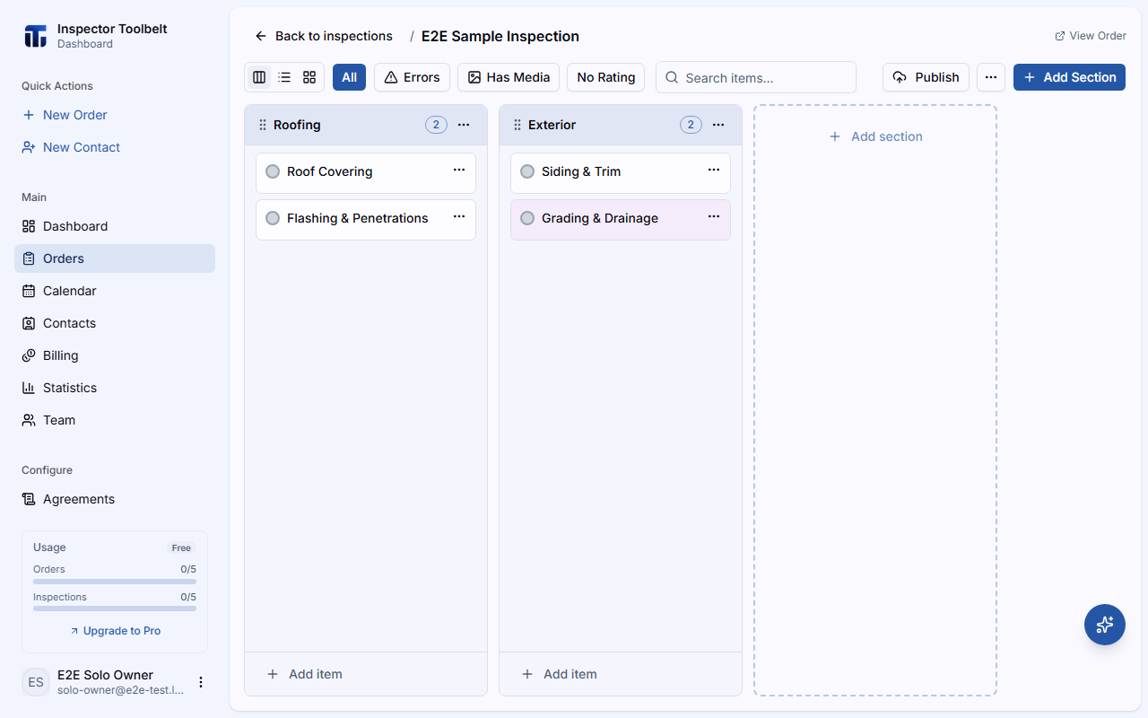 The inspection editor showing sections, items, and the item editor