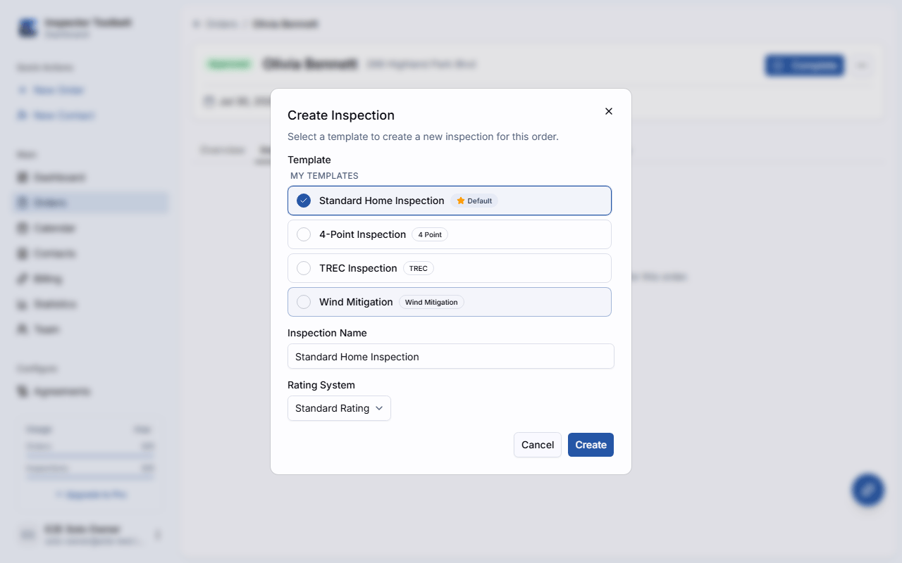 The New Inspection dialog with template and rating system selection