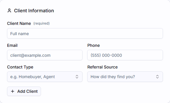 The client details section of the order form