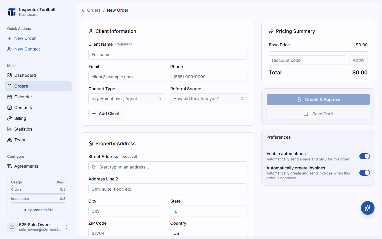 The new order creation form