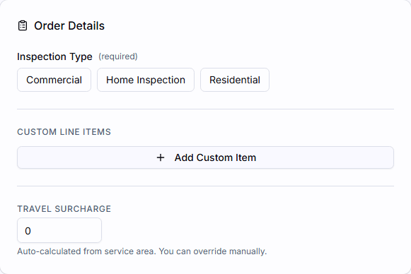 The service type section of the order form