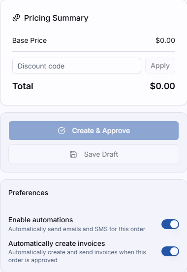 The sidebar with the pricing summary, Create & Approve, and Save Draft buttons