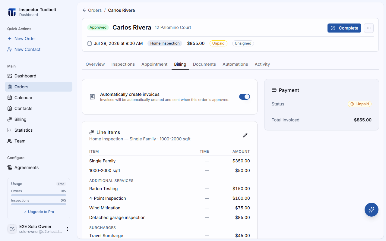 The Billing tab showing line items, invoices, and payment status