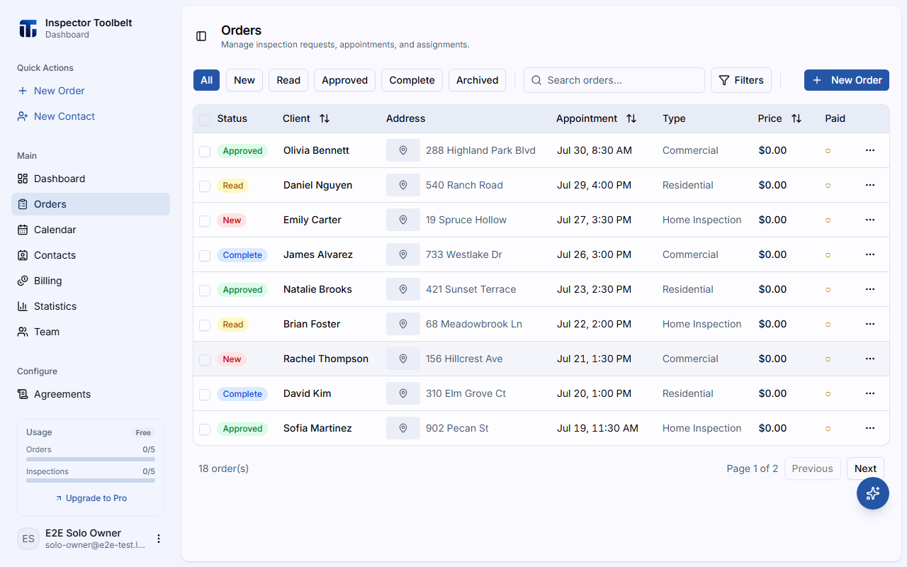The orders list page showing active orders