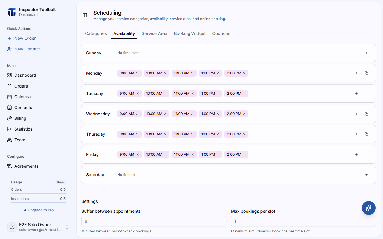 The availability page showing time slots for each day of the week