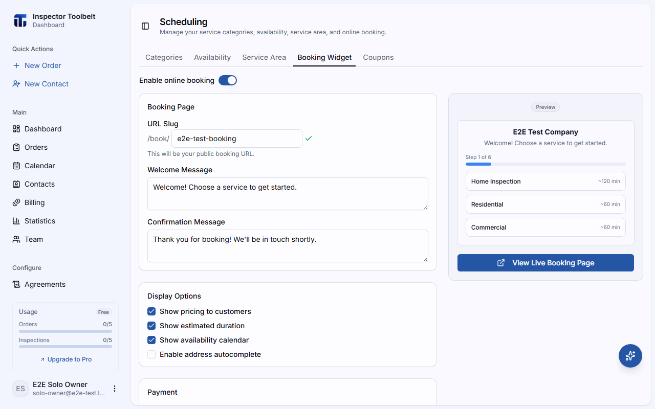 The booking widget configuration page with a live preview panel