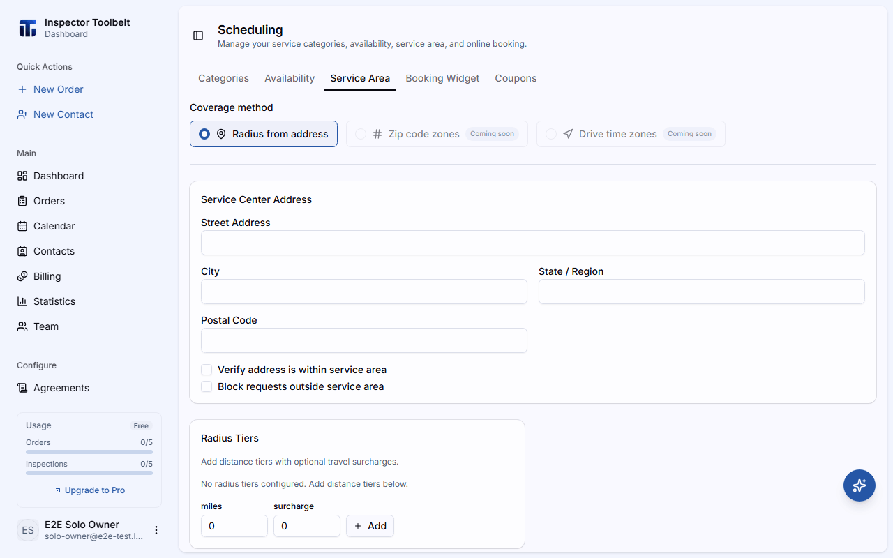 The service area page showing the coverage radius and travel surcharge tiers