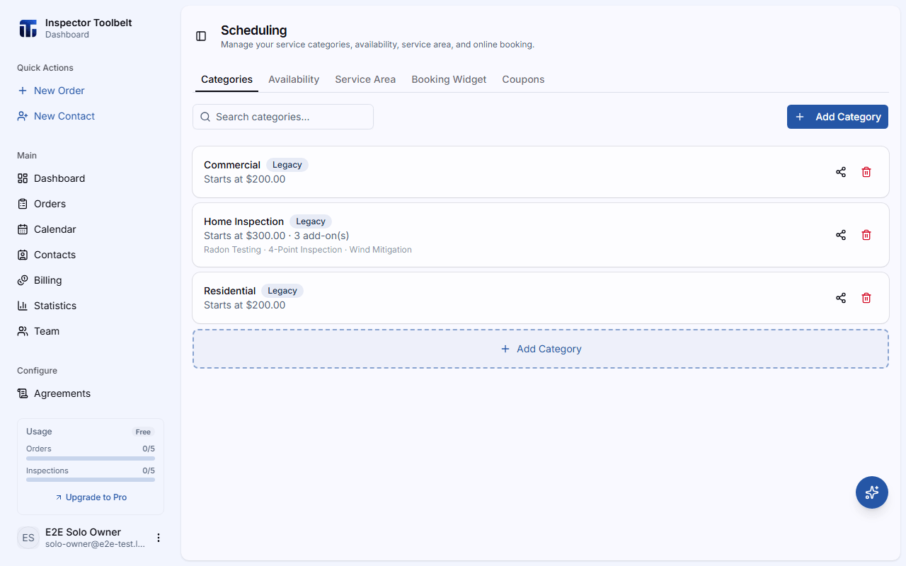 The scheduling page showing configured service categories