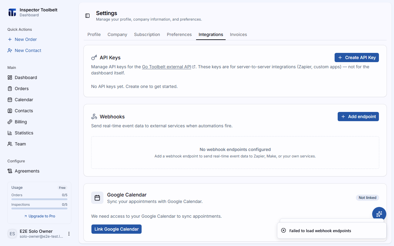 The integrations settings tab showing Google Calendar and other connections