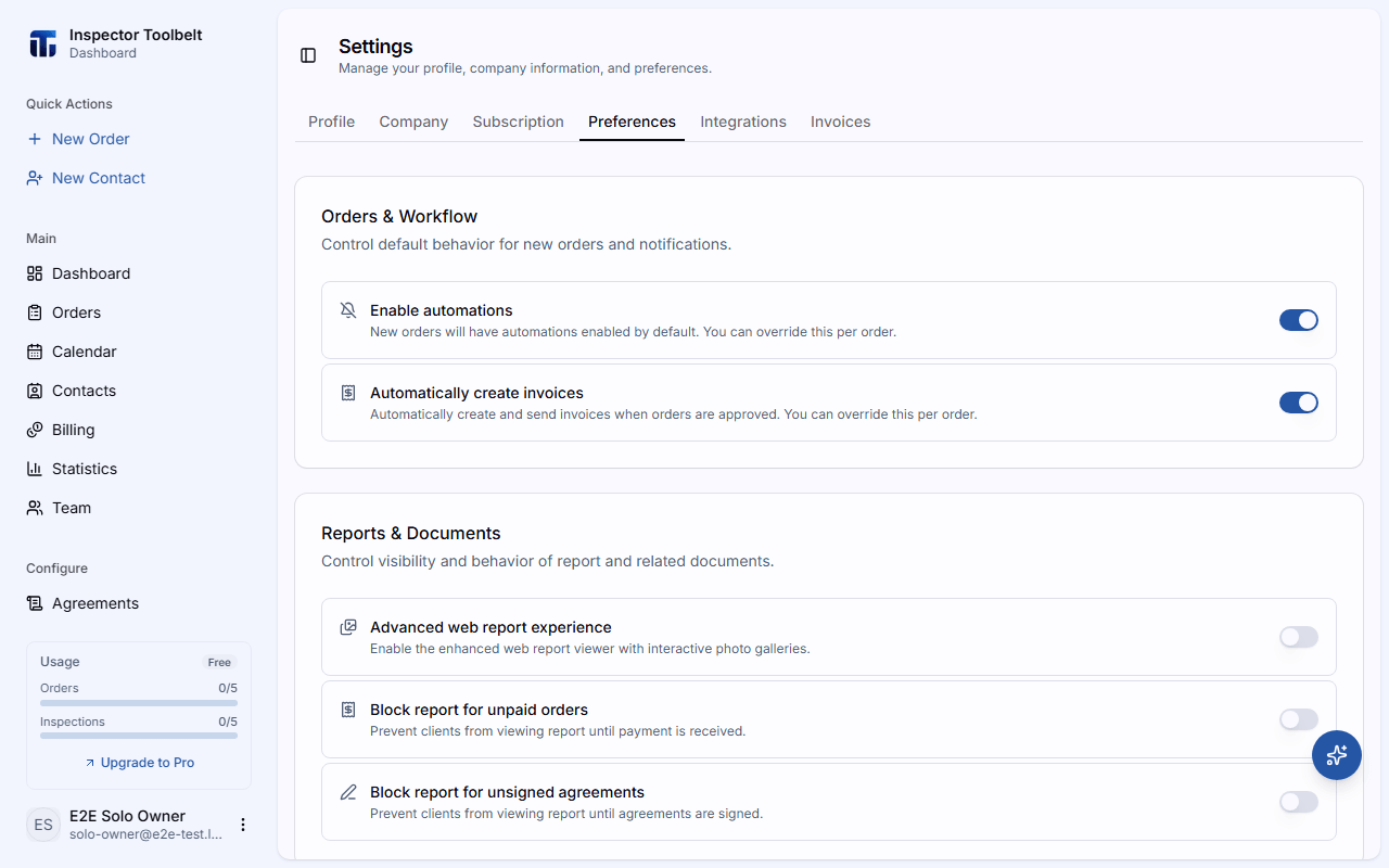 The preferences settings tab with workflow and feature toggles