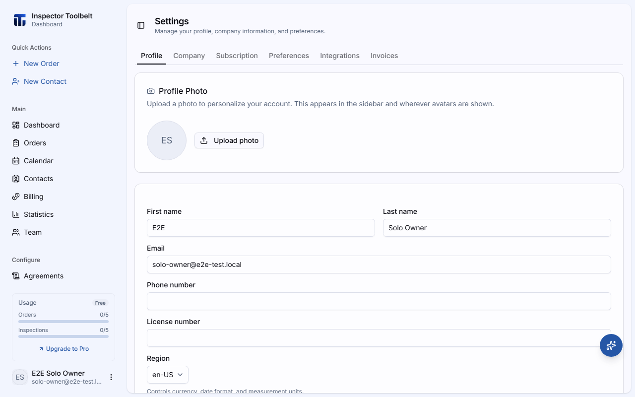 The settings profile page with name, email, region, and timezone fields