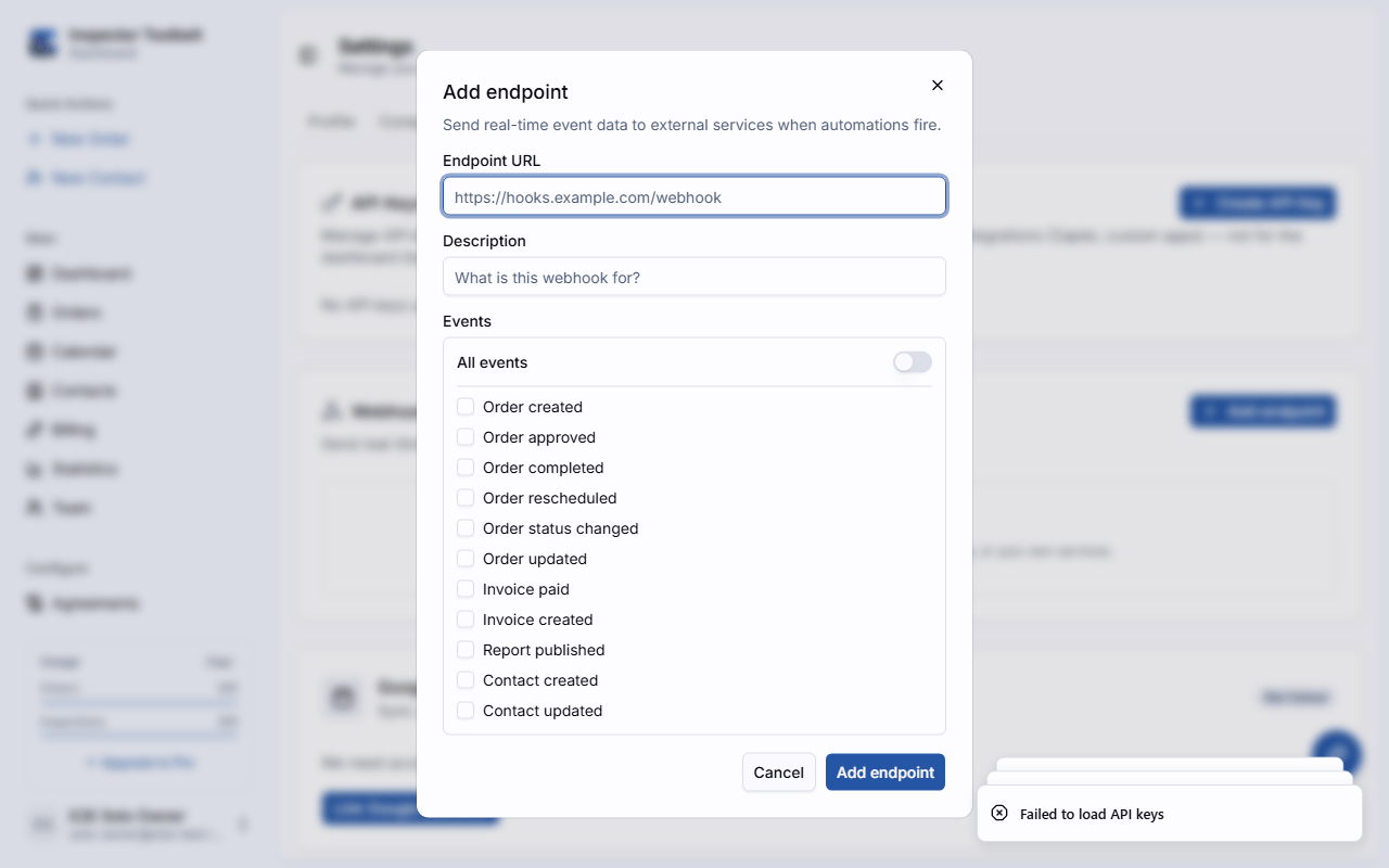 The Add endpoint dialog with URL, description, and event checkboxes