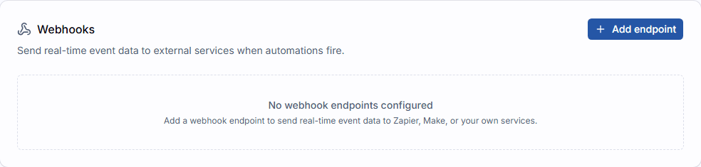 The Webhooks section on the Integrations settings tab