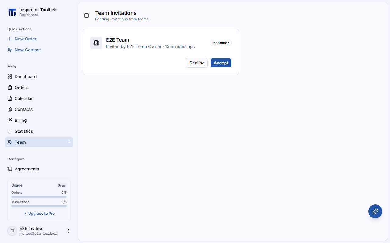 The invitation card showing the team name, inviter, role, and Accept and Decline buttons