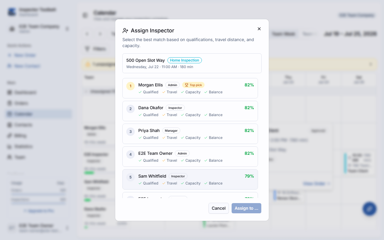 The Assign Inspector dialog showing ranked candidates by qualifications, travel distance, and capacity