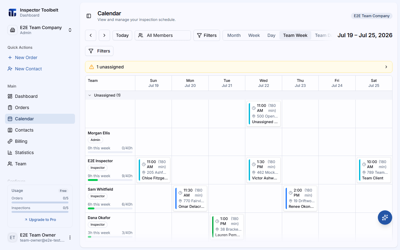 The Team Week calendar view with one column per team member and jobs color-coded by service category