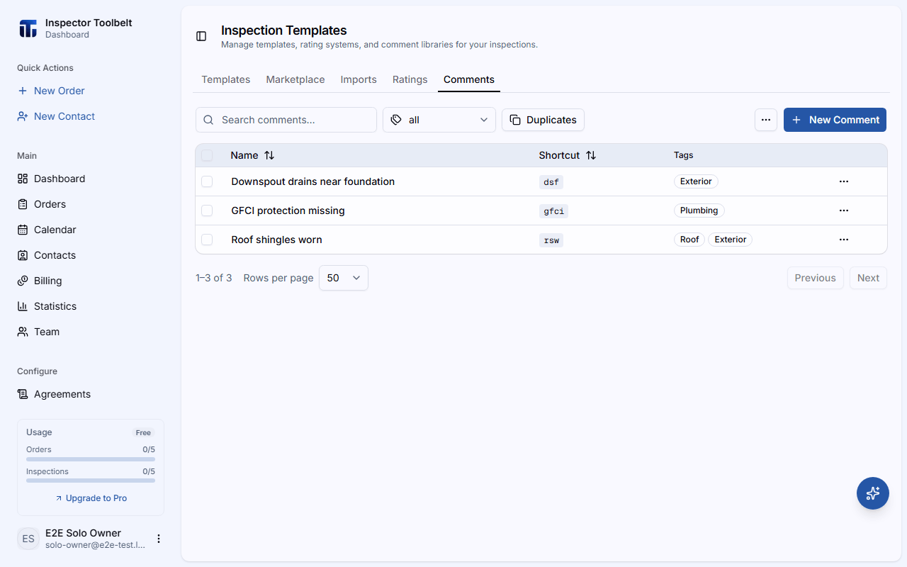 The Comments tab showing the reusable comment library