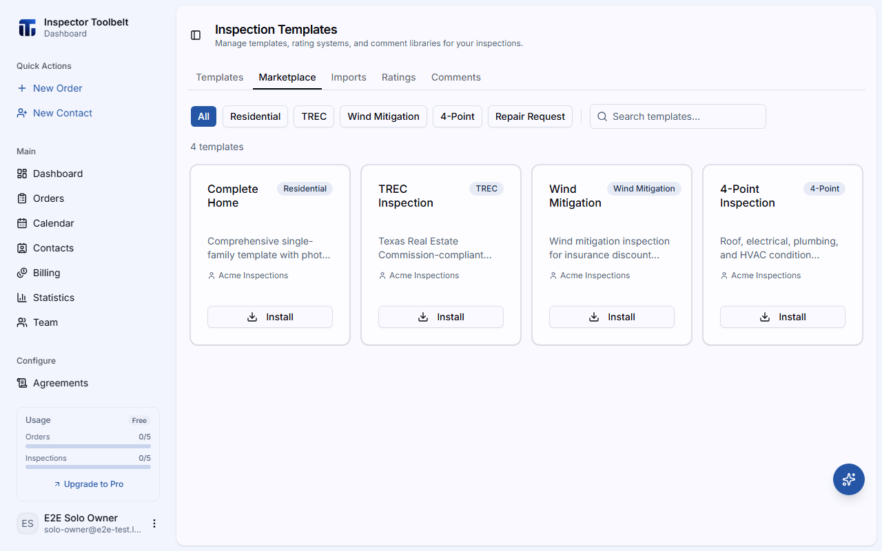 The Marketplace tab showing available community templates
