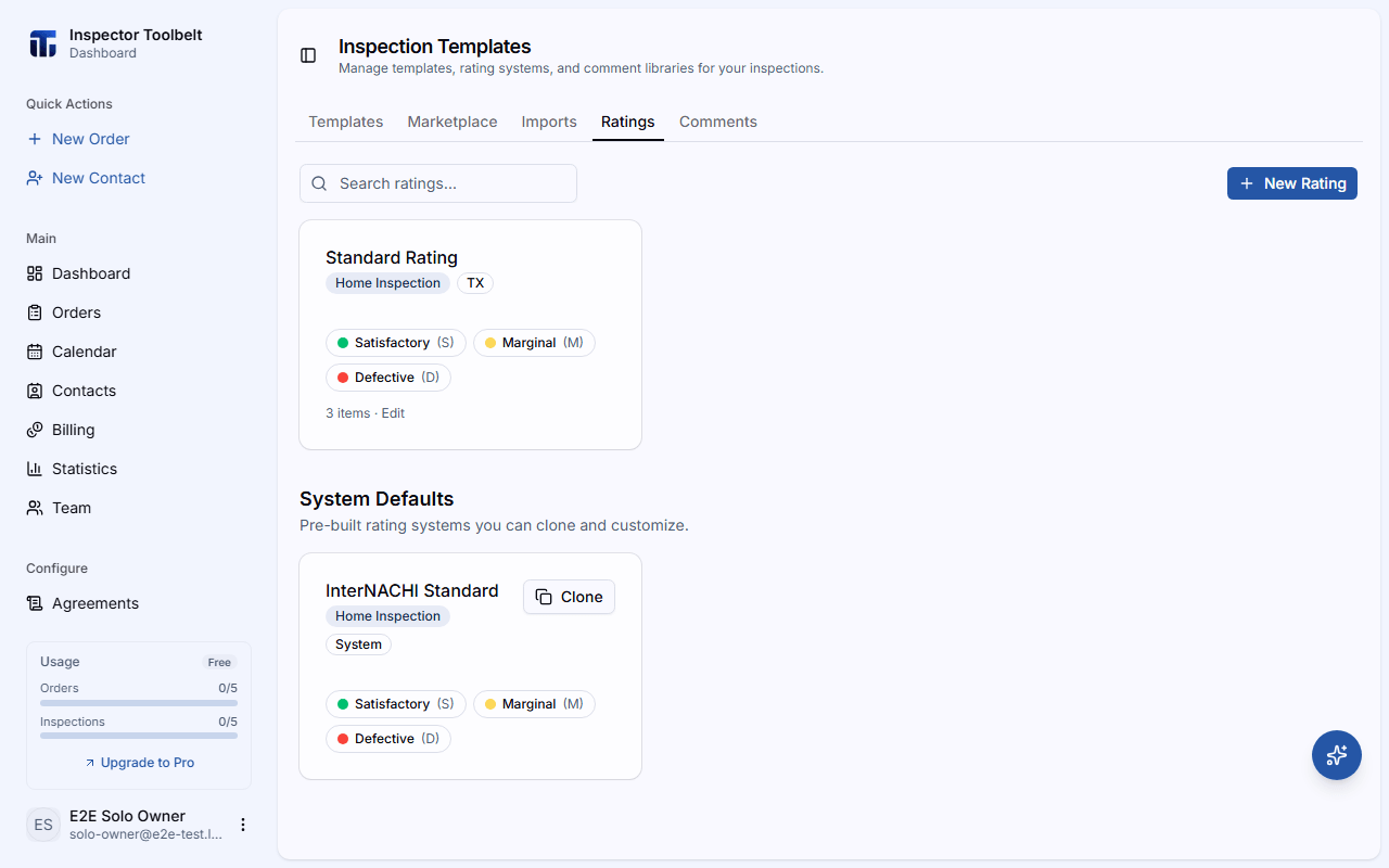 The Ratings tab showing rating systems and their rating items