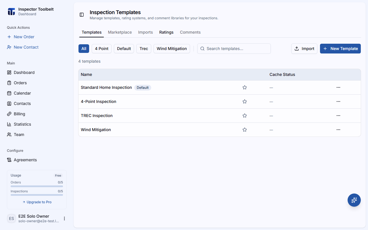 The Templates tab listing report templates